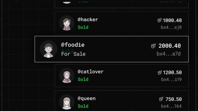 A dark-themed user interface listing usernames (@hacker, @foodie, @catlover, @queen) along with cryptocurrency prices and shortened wallet addresses, indicating their NFT-style handles are either 'Sold' or 'For Sale'.