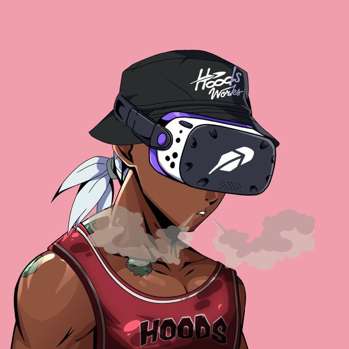 Stylized illustration of a character wearing a VR headset and a black cap with "Hoods Works" branding, alongside a red "HOODS" tank top, tying into the free mint launch of the 999-item collection tied to the $perpshood project with a current $1.2M market cap.
