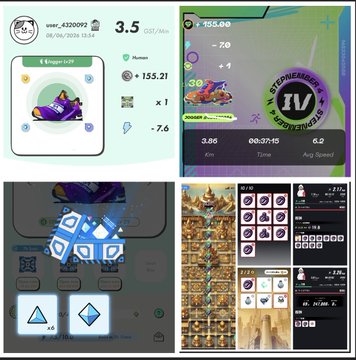 The image shows a collage of four different screens, each displaying various aspects related to a video game called "Stepnemakers IV". The first screen features a purple shoe with a gold emblem, while the second screen displays a blue shoe with a white emblem. The third screen showcases a purple and yellow shoe with an orange emblem, and the fourth screen shows a black and white shoe with a red emblem. These screens provide information about the game's progress, including the player's current health, speed, and score.
