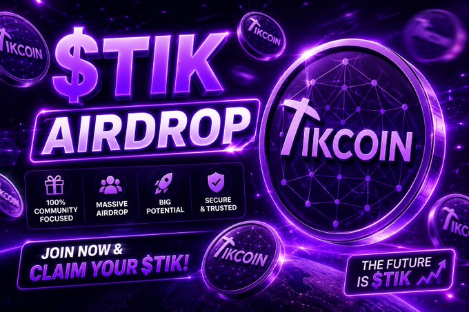 The graphic is a vibrant purple promotional banner for the "$TIK AIRDROP," featuring the TikCoin logo alongside selling points like "100% Community Focused," "Massive Airdrop," "Big Potential," and "Secure & Trusted," with calls to action "Join Now & Claim Your $TIK!" and "The Future Is $TIK."

This airdrop advertisement ties directly to the post's question about whether the $TIK community will sell, HODL, buy more, or split their holdings once the token goes live.