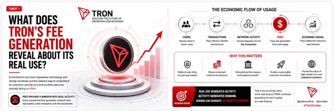 An educational graphic asks 'WHAT DOES TRON'S FEE GENERATION REVEAL ABOUT ITS REAL USE?' and explains the economic flow of usage from users to network activity, fees, and economic signal for the decentralized TRON blockchain economy.