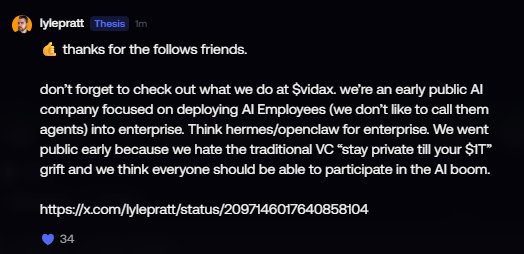 A social media post from user 'lylepratt' thanks followers and promotes their AI company $vidax, which deploys AI Employees into enterprise.
