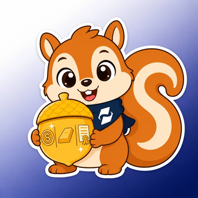 The image features a cartoon squirrel holding an acorn with a smiley face. The squirrel appears to be wearing a scarf and has a sticker of a gold coin and a certificate on its back. The caption below the image reads, "Meet Chip: @SimpleChain_RWA's RWA Scout Chip is on a mission to bridge the gap between the physical and digital worlds." This suggests that the squirrel might be representing a character or mascot associated with the cryptocurrency company Simple Chain RWA.