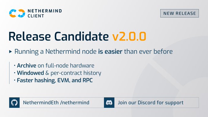 A promotional graphic for Nethermind Client announces 'Release Candidate v2.0.0' as a new release, highlighting easier node running, full-node hardware archive, windowed & per-contract history, and faster hashing, EVM, and RPC, with links to the NethermindEth/nethermind GitHub repository and Discord support.
