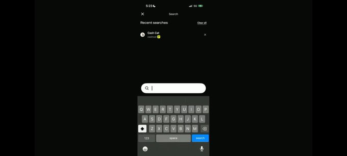 A smartphone screenshot showing a search screen with 'Cash Cat' listed under 'Recent searches' and a keyboard open below.