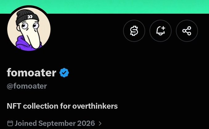 A verified X/Twitter profile for "fomoater" (@fomoater) featuring a cartoonish character avatar wearing a purple hoodie and beanie, with the bio "NFT collection for overthinkers" and a join date of September 2026. The profile aligns with the accompanying post highlighting fomoater as an NFT project on Robinhood Chain with a 3,333 supply free mint.