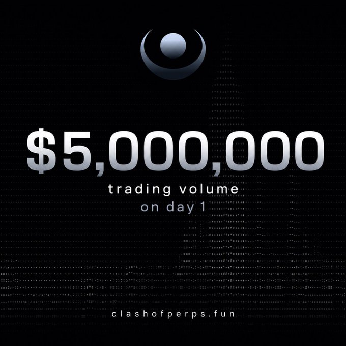 A black graphic displays "$5,000,000 trading volume on day 1" beneath a circular logo, promoting clashofperps.fun.