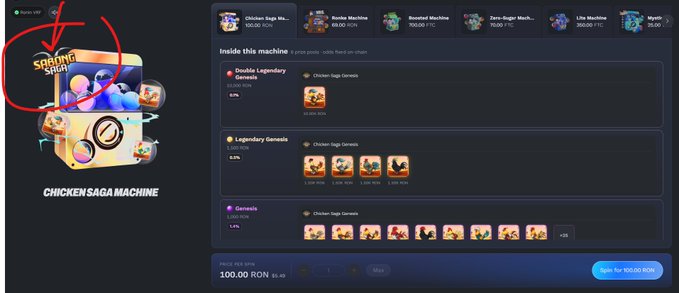 A screenshot of a 'CHICKEN SAGA MACHINE' digital interface showing various prizes, with text including 'Double Legendary Genesis', 'Legendary Genesis', 'Genesis', and 'PRICE PER SPIN 100.00 RON'.