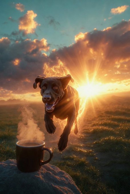 A brown dog leaps through the air at sunset, glowing with fiery light, above a steaming mug of coffee resting on a rock.