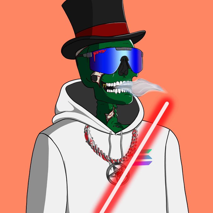 An illustration of a green-skinned skull character wearing a top hat, blue reflective sunglasses, and a white hoodie, with a red lightsaber glowing across the image.