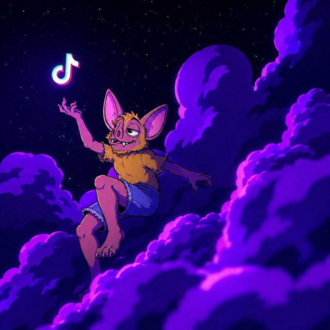 A cartoonish furry creature with bat-like ears, wearing denim shorts, lounges among purple clouds under a starry night sky while reaching up toward a glowing TikTok logo. The image serves as a whimsical promo graphic for the "$Hoodrat TikTok" giveaway announcement.