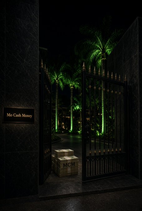 A nighttime image of an ornate black iron gate opening to reveal palm trees illuminated with green lighting, with stacked boxes labeled 'MCM' and a plaque reading 'Mo Cash Money' on the wall.