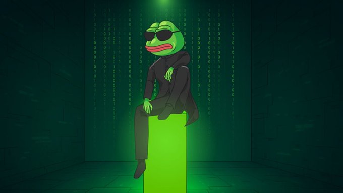 Illustration of a green Pepe the Frog character wearing sunglasses and a suit, sitting on a glowing green cube in a matrix-like green code environment.