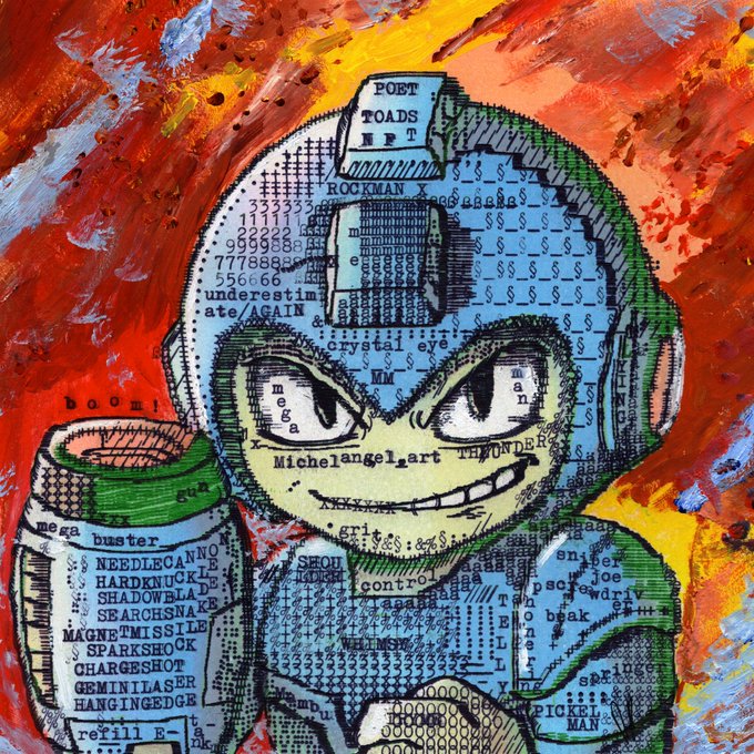 A vibrant mixed-media painting of a robotic or cyborg-like character with text overlays including 'POET TOADS NFT', 'ROCKMAN X', 'Michelangel_art THUNDER', and various pop-culture references like 'MAGNETTIUMI' and 'SPARKSHOT'.