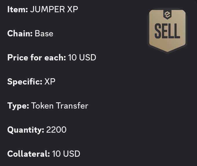 The image displays a "SELL" listing for JUMPER XP tokens on the Base chain, priced at 10 USD per token with a quantity of 2,200 available via Token Transfer (collateral 10 USD). It visually corresponds to the post by showing the seller's offer details, which the post counters by promising a higher price of $20/XP tomorrow.