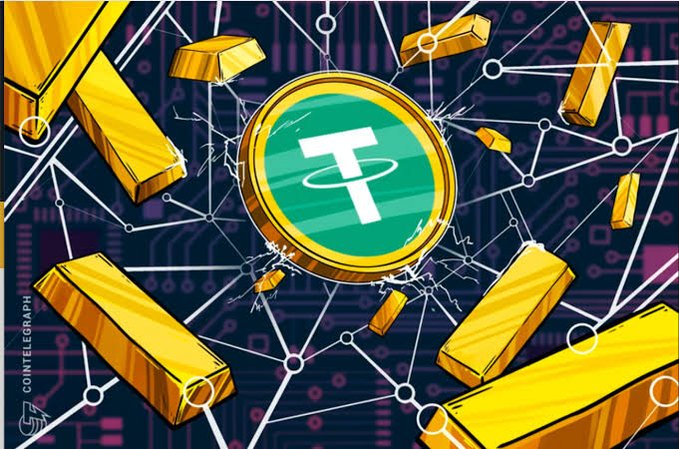 An illustration by Cointelegraph showing a green and gold Tether (USDT) coin surrounded by gold bars and a digital network background.