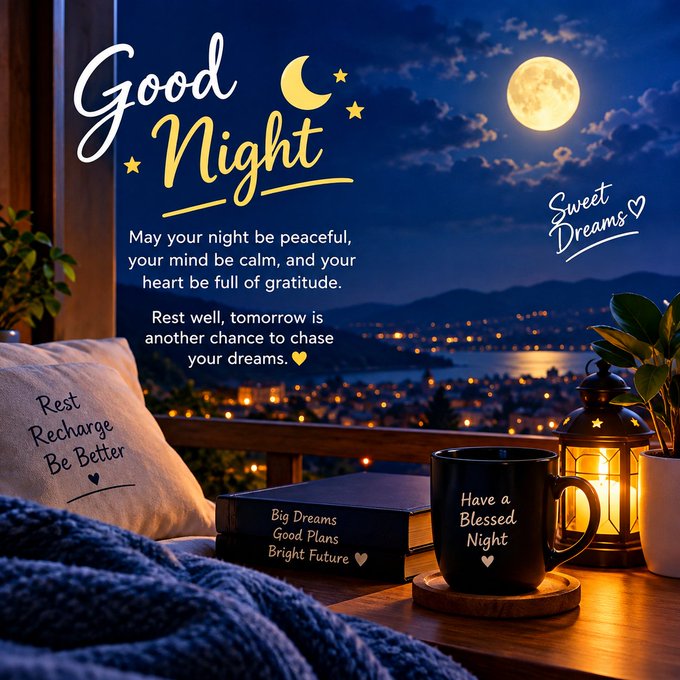 A cozy nighttime scene features a mug, lantern, and pillow alongside text reading 'Good Night,' 'May your night be peaceful, your mind be calm, and your heart be full of gratitude,' 'Sweet Dreams,' 'Rest Recharge Be Better,' 'Big Dreams Good Plans Bright Future,' and 'Have a Blessed Night,' with a moonlit bay view in the background.