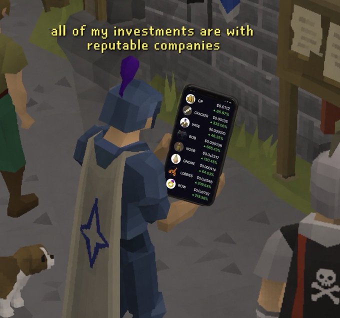 A RuneScape-style meme with a knight holding a phone showing various crypto investments, captioned "all of my investments are with reputable companies".