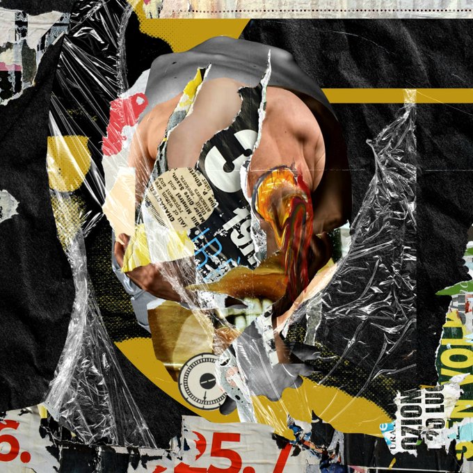 A chaotic mixed-media collage artwork incorporating torn posters, plastic textures, and painted elements in yellow, black, and red tones.