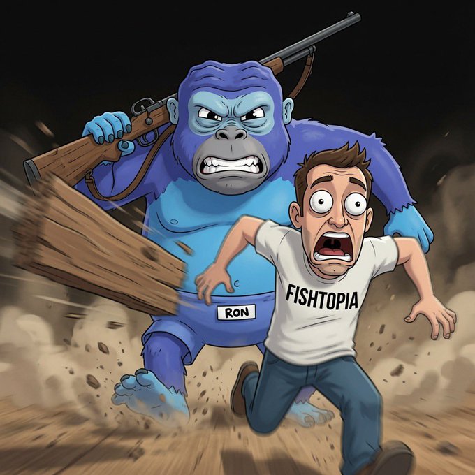 A cartoon illustration of a giant blue gorilla labeled 'RON' chasing a terrified man wearing a 'FISHTOPIA' shirt while wielding a broken wooden plank and a rifle.
