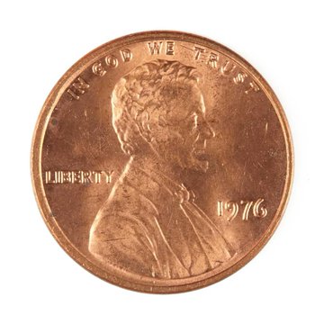 The obverse side of a 1976 Lincoln penny with the text 'IN GOD WE TRUST', 'LIBERTY', and the date '1976' clearly visible.