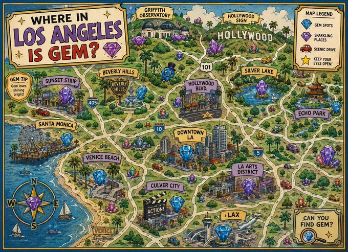 A whimsical illustrated treasure map titled "Where in Los Angeles is Gem?" highlights notable LA landmarks like Hollywood, Beverly Hills, Sunset Strip, and LAX, each marked with sparkling gem icons and scenic routes, inviting viewers to join "The Gem hunt begins" adventure across the city.