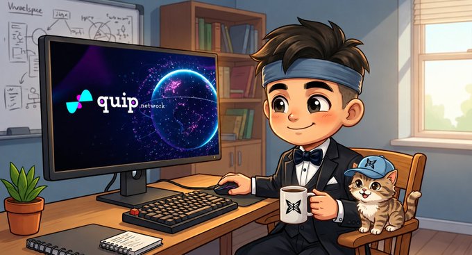 An animated illustration of a cartoon character wearing a suit and blue headband, sitting at a desk with a computer displaying 'quip network' on the screen, accompanied by a cat wearing a cap.