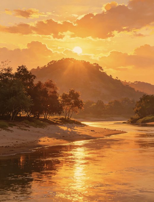 A serene landscape featuring a golden sunset over a mountain, with its light reflecting on a winding river beside a sandy beach and trees.