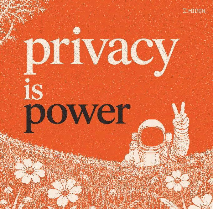 An orange-toned graphic by 'MIDEN' features the text 'privacy is power' above an illustration of an astronaut holding up a peace sign in a field of flowers.