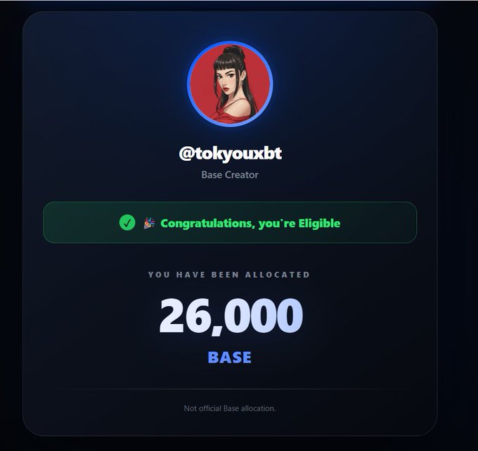The image displays a dark-themed allocation card for the user @tokyouxbt, identified as a "Base Creator," showing they have been allocated 26,000 BASE tokens with a "Congratulations, you're Eligible" banner in green. The post relates to the image by polling followers on how much of the $BASE airdrop would be enough to retire, with the user having received 26,000 BASE tokens, prompting the question of what amount would "change your life."