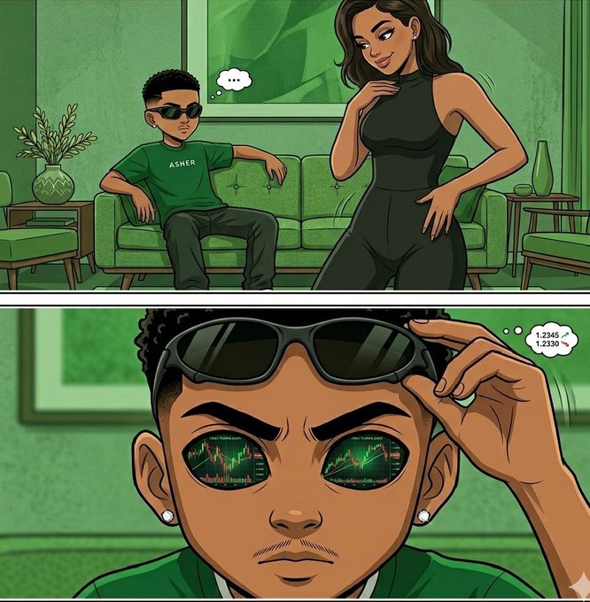 A cartoon panel showing a young man in a green "ASHER" shirt on a couch while a woman approaches him; the bottom panel reveals his sunglasses reflect trading charts with numbers "1.2345" and "1.2230" displayed.