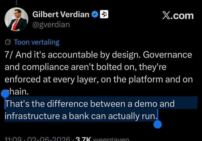 The image shows a black background with white text that reads "That's the difference between a demo and infrastructure a bank can actually run on, not just hype and talks alike Fusion is infrastructure banks can actually run on, not just hype and talks alike". The image also contains a Twitter handle "@QNT has to earn 500$ a day to earn more than @LINK ccip after all these massive integrations", which are related to the post.