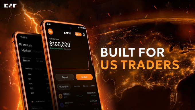 Marketing graphic for a cryptocurrency trading platform featuring two phones showing market data, with the text 'BUILT FOR US TRADERS' against a fiery globe background.