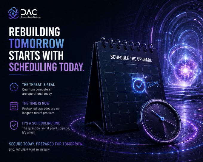 A promotional graphic for 'DAC' (Quantum-Ready Blockchain) featuring a calendar with 'Today' checked off, a clock, and text reading 'REBUILDING TOMORROW STARTS WITH SCHEDULING TODAY', 'SECURE TODAY. PREPARED FOR TOMORROW. DAC. FUTURE-PROOF BY DESIGN.'