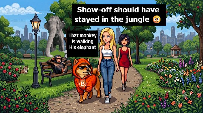 A pixel-art style park scene shows a monkey on a bench walking an elephant on a leash, while a Bitcoin-themed dog and two women pass by, with text boxes reading 'Show-off should have stayed in the jungle' and 'That monkey is walking His elephant.'