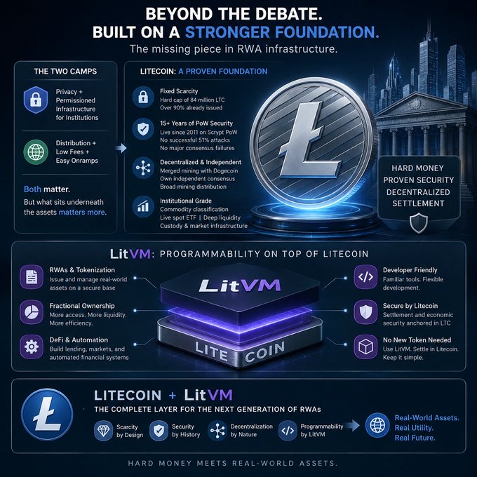 An infographic titled 'BEYOND THE DEBATE. BUILT ON A STRONGER FOUNDATION' highlighting Litecoin and LitVM as a complete layer for RWA infrastructure, featuring features like security, decentralization, and fractional ownership.