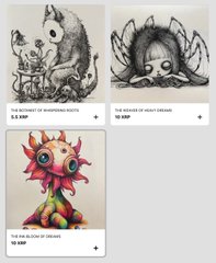 A grid displaying three digital art pieces: "The Butthole of Mammalian Roots" and "The Heads of Adult Dreams" priced at $2,222 and $1,222 respectively, along with "The New Bloom of Dreams" for $1,666. The listing appears to be from an artist promoting new work-in-progress pieces under the hashtags #artonxrp and #Xrpl, likely accepting XRP cryptocurrency as payment.