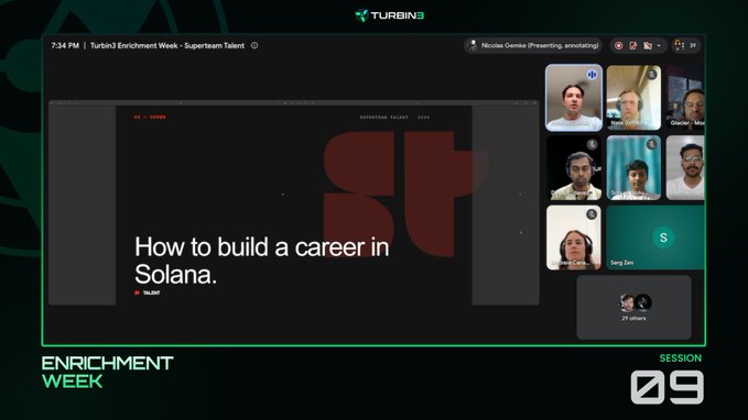 A Turbo3 Enrichment Week virtual session titled 'How to build a career in Solana' featuring Nicolas Cendra presenting, with several participants visible in video tiles.