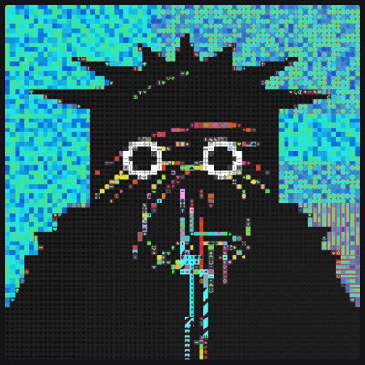 A pixelated/glitch art style portrait of a figure with spiky hair, white circular eyes, and colorful distortion effects. The figure appears to be wearing a dark suit or jacket against a blue pixelated background.
