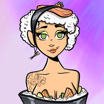 A digital illustration in a cartoon style depicting a woman with green eyes, dark hair, and tattoos, wearing an orange beret and fluffy earmuffs. She appears to be sitting in a bowl filled with rice and fried items, resembling a food dish.