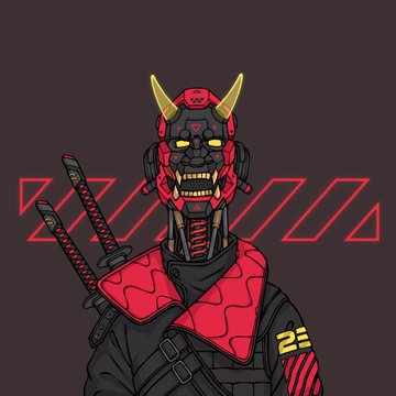 An illustration of a cyborg samurai wearing a red demon mask with horns, a red patterned scarf, and carrying two katanas on its back against a dark background with red geometric lines.