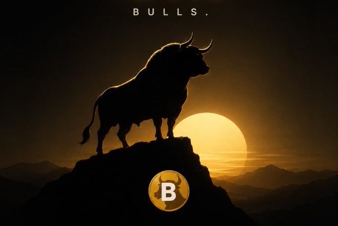 A powerful bull silhouette stands atop a mountain against a golden sunset, with the word "BULLS." above and a circular "B" logo at the base—imagery that visually reinforces the post's theme of HODLing memecoins in anticipation of the next bull run.