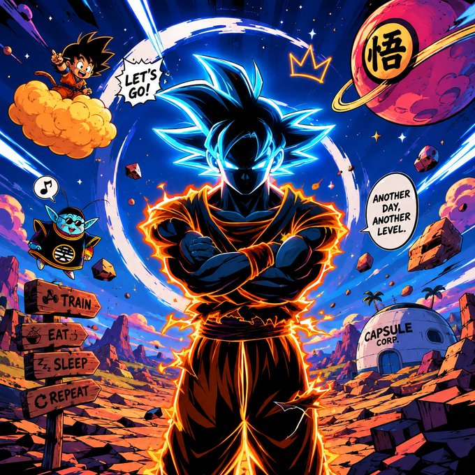 A vibrant anime-style illustration of a glowing spiky-haired warrior in an orange gi with arms crossed, surrounded by characters including a small figure on a cloud saying 'LET'S GO!', a cat-like creature, and text 'ANOTHER DAY, ANOTHER LEVEL' and 'CAPSULE CORP'.
