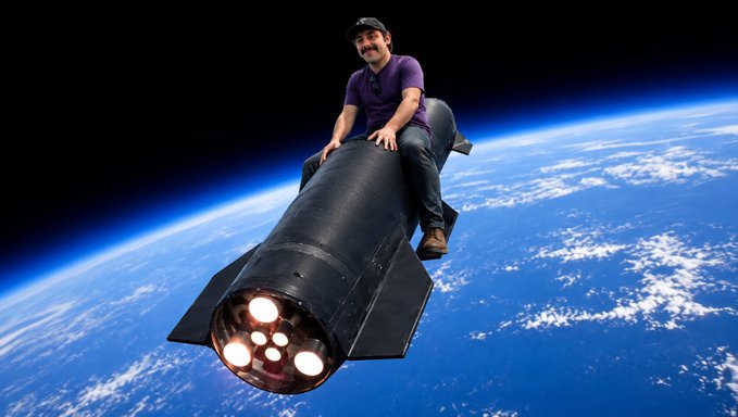An AI-generated or photoshopped image of a smiling man wearing a purple shirt and black cap riding a dark missile or rocket through space above Earth.