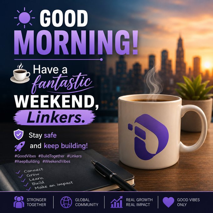 A 'GOOD MORNING!' graphic with the text 'Have a fantastic WEEKEND, Linkers' and 'Stay safe and keep building!', showing a white mug with a purple logo, a notebook, and a cityscape at sunset in the background.