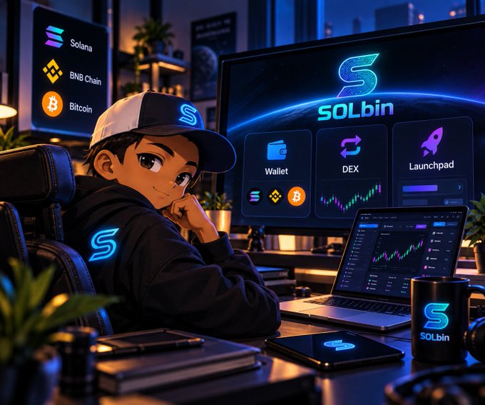 An anime-style illustration of a person wearing a cap with an 'S' logo, sitting at a desk with crypto logos (Solana, BNB Chain, Bitcoin) and a screen displaying 'SOLbin' with Wallet, DEX, and Launchpad options.