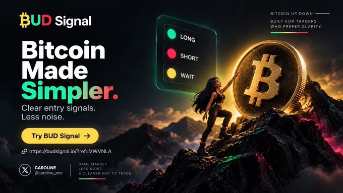 An advertisement for 'BUD Signal' cryptocurrency trading service with the tagline 'Bitcoin Made Simpler. Clear entry signals. Less noise.', showing LONG, SHORT, and WAIT options, alongside an image of a person pushing a large Bitcoin coin up a mountain.
