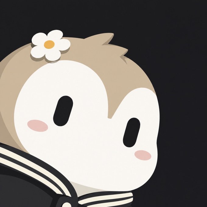 An illustration of a cute, round cartoon character with a white daisy on its head, featuring large black oval eyes, pink cheeks, and wearing a black sailor-style school uniform collar.
