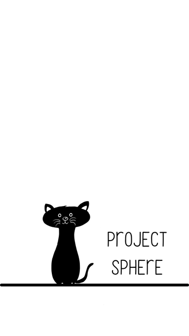 A minimalist black-and-white graphic featuring a cartoon black cat sitting next to the text "project sphere".