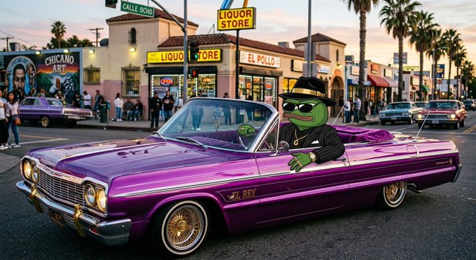 A green cartoon frog character wearing a black hat, sunglasses, gold chain, and suit sits in a purple 'EL REY' convertible lowrider on a city street with a liquor store in the background.